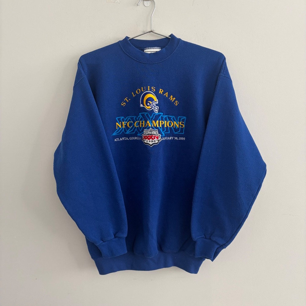 Vintage Puma St Louis Rams NFC Champions Super Bowl XXXIV Sweatshirt Blue Mens L